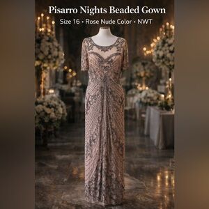 Pisarro Nights Beaded Gown Size 16 Rose Nude Art Deco Formal Evening Dress
